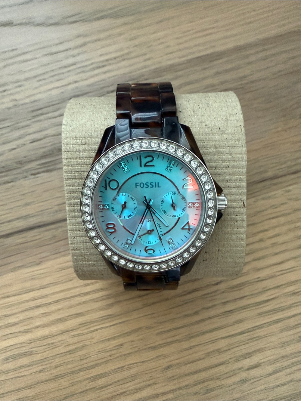 Fossil Tortoiseshell Link Watch with Blue Iridescent Dial